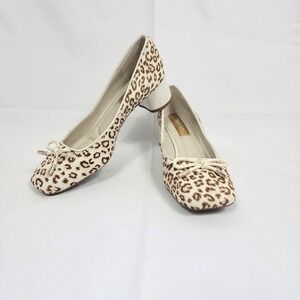 Franco Sarto Block Heel Pumps Womens Leopard Calf Hair Square Toe Bow Accent